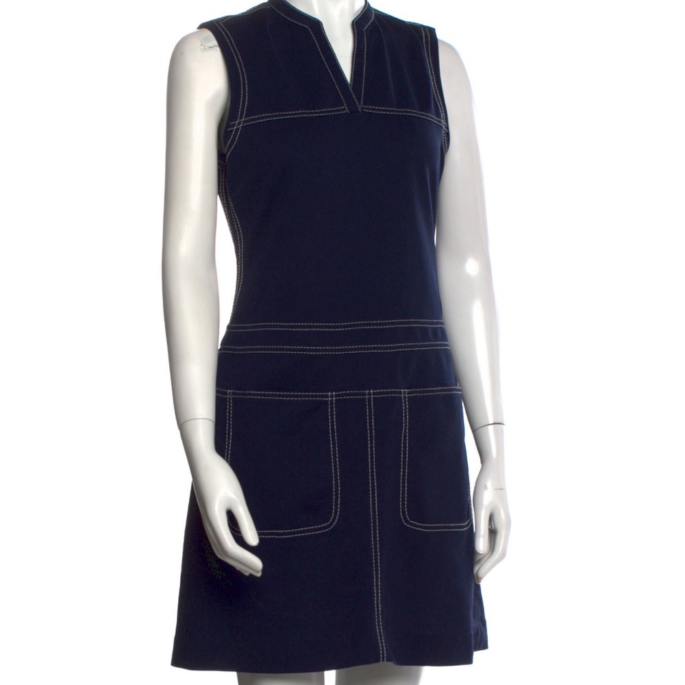 Tory Burch Navy Sleeveless Notch-Neck Shift Dress with White Topstitching